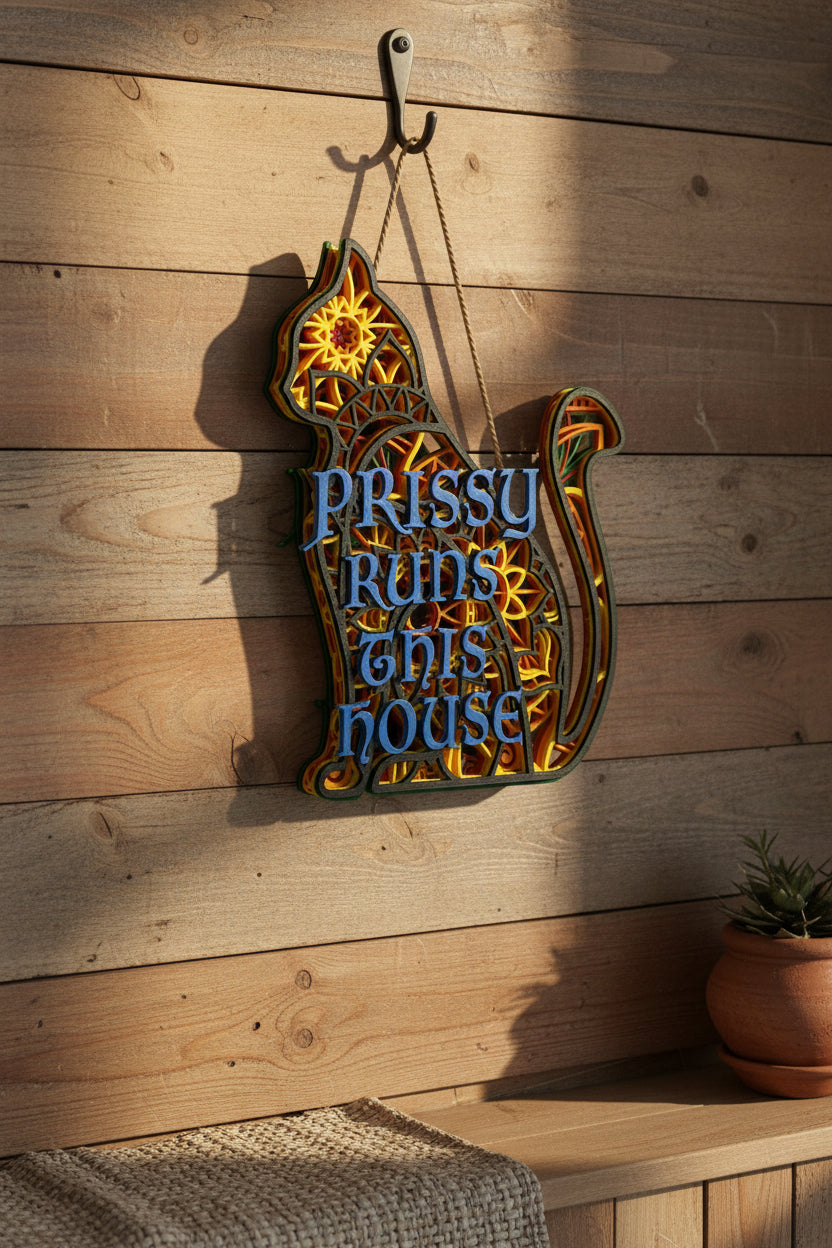 Personalized layered laser-cut cat mandala sign reading Prissy Runs This House in blue lettering