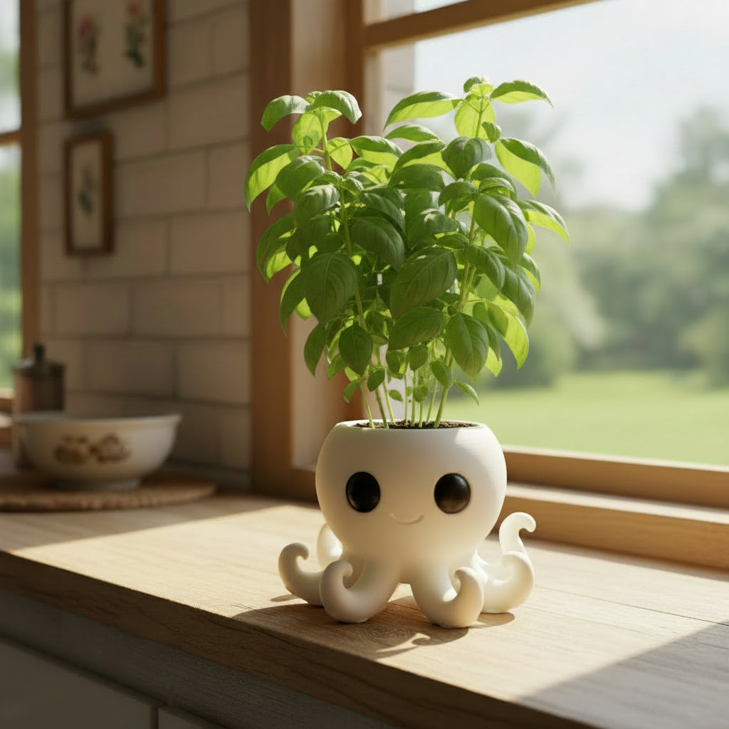 Pink 3D printed octopus candle holder with a lit tealight candle, placed on a coffee table in a cozy living room setting