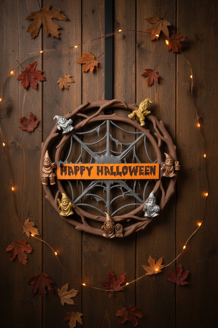 Halloween Gnome Wreath – Hand-Painted 3D Printed & Laser Wood Plaque