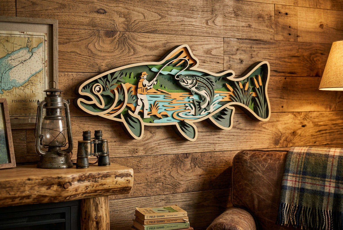 Layered Basswood Trout Wall Art – Hand Painted, 18 Inch