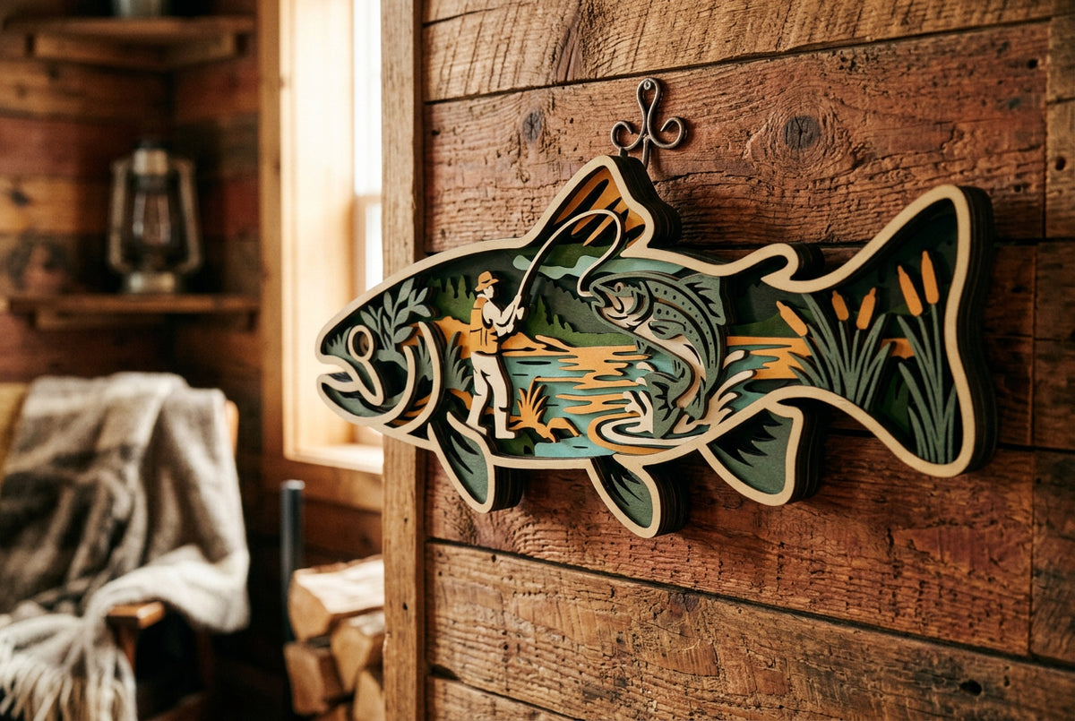 Layered Basswood Trout Wall Art – Hand Painted, 18 Inch